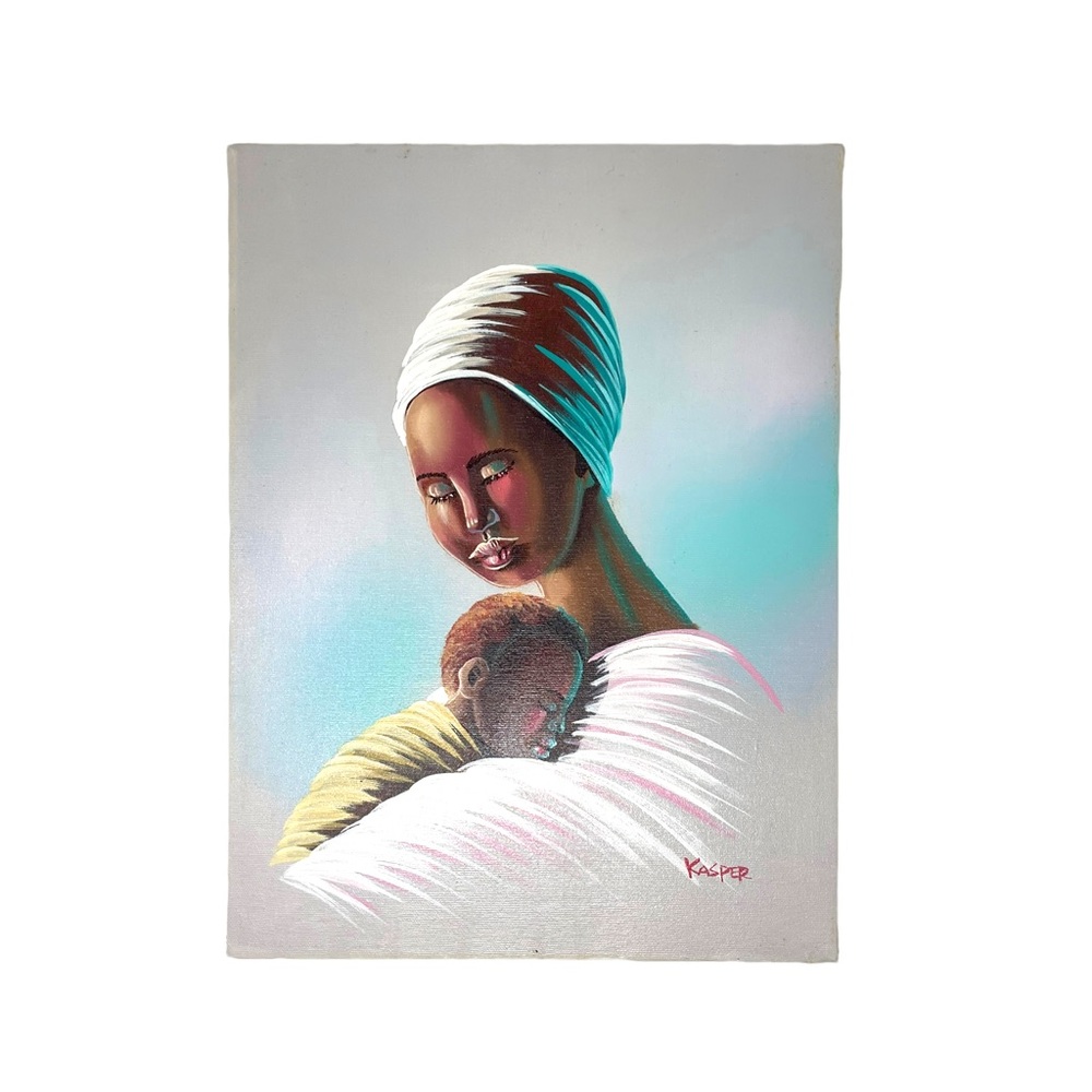 Vintage Oil Painting by Kasper African Woman and Child - 60s 70s Art